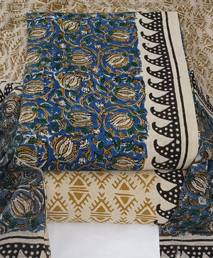 DRAVINAM Trends Women's Jaipuri Pure Cotton Handmade Floral Block Bagh Print Unstitched Dress Material Set with Dupatta (Top, Bottom, and Dupatta Fabric)