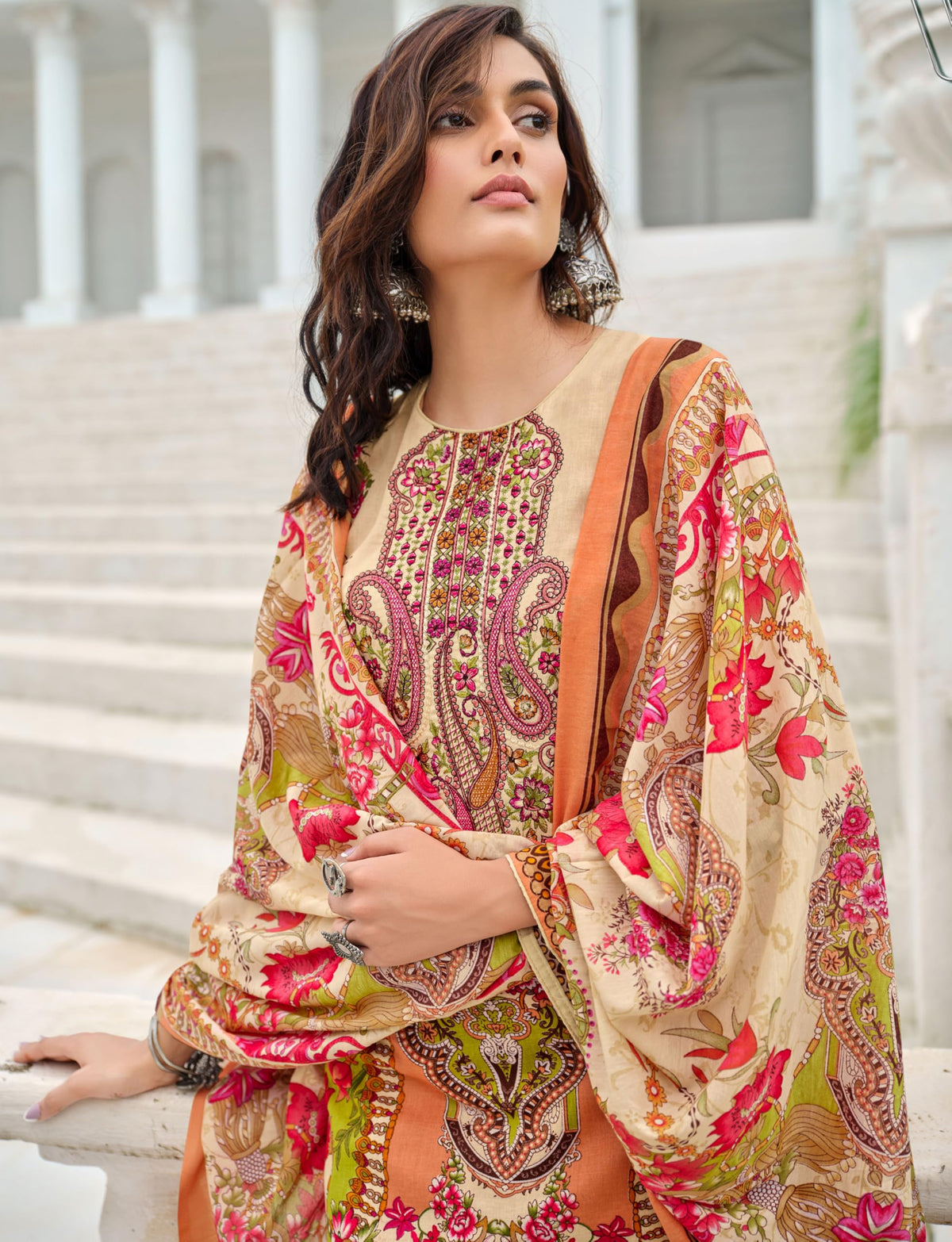 DRAVINAM Trends Women's Lawn Cotton Pakistani Embroidered Suit Dress Material with Unstitched Bottoms and Cotton Dupatta