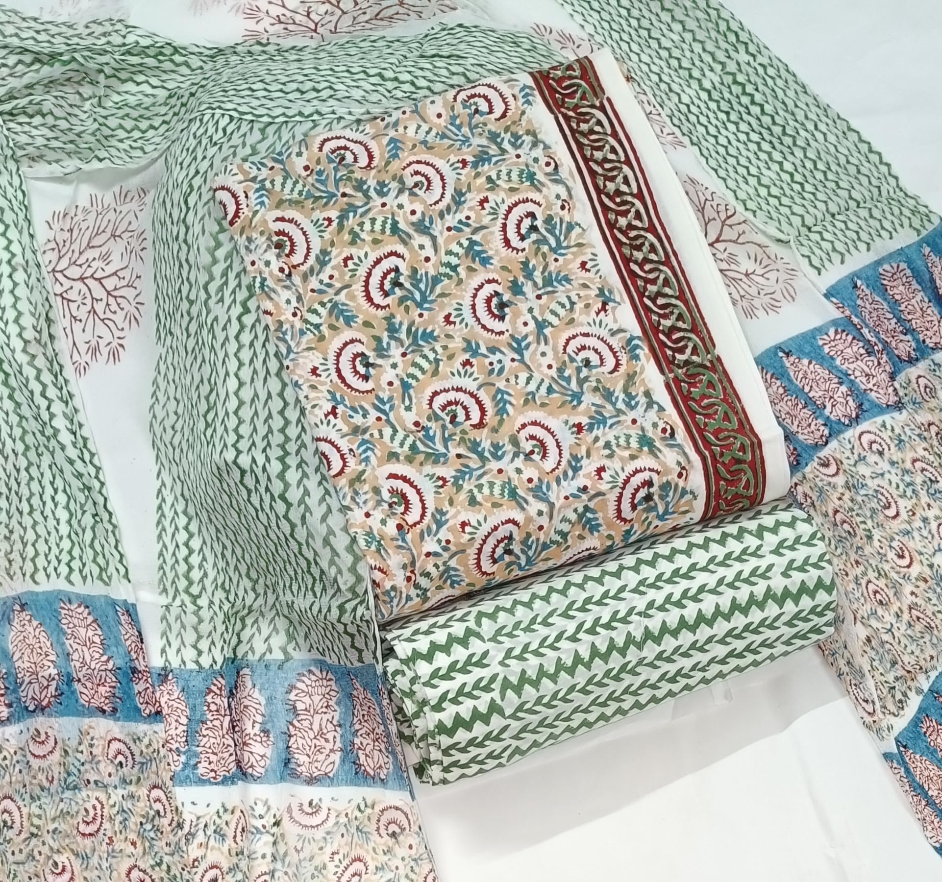 DRAVINAM Trends Hand Block Print Pure Cambric Cotton Unstitched Suit Material with Chiffon Hand Printed Dupatta