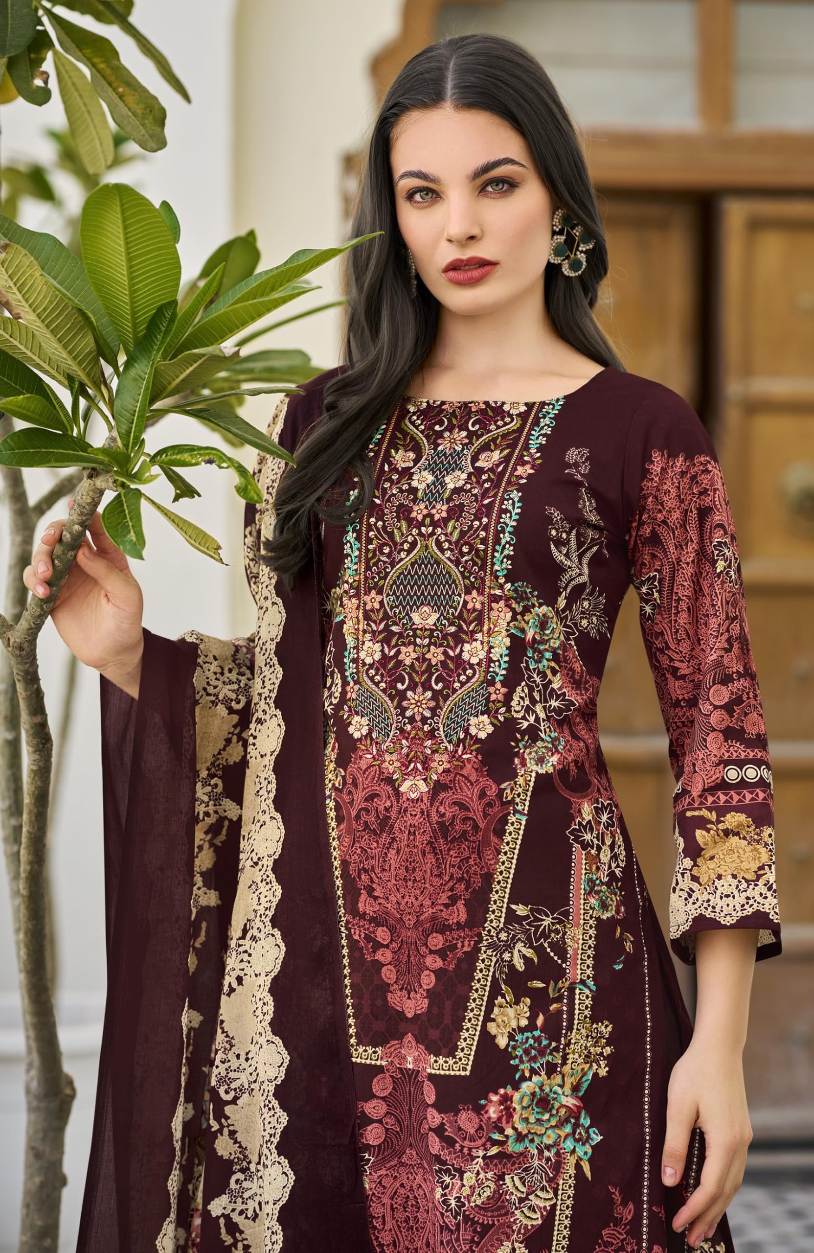 DRAVINAM Trends Women's Unstitched Salwar Suit Dress Material - Cotton Digital Printed Organza Embroidered Kameez II Solid Bottoms II Printed Dupatta