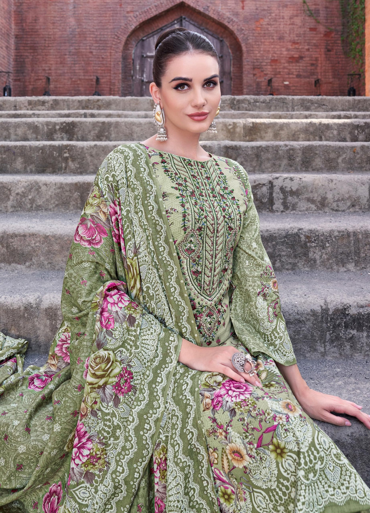 DRAVINAM Trends Unstitched Pakistani Embroidered Pure Cambric Cotton Salwar Suit Dress Materials with Cotton Dupatta