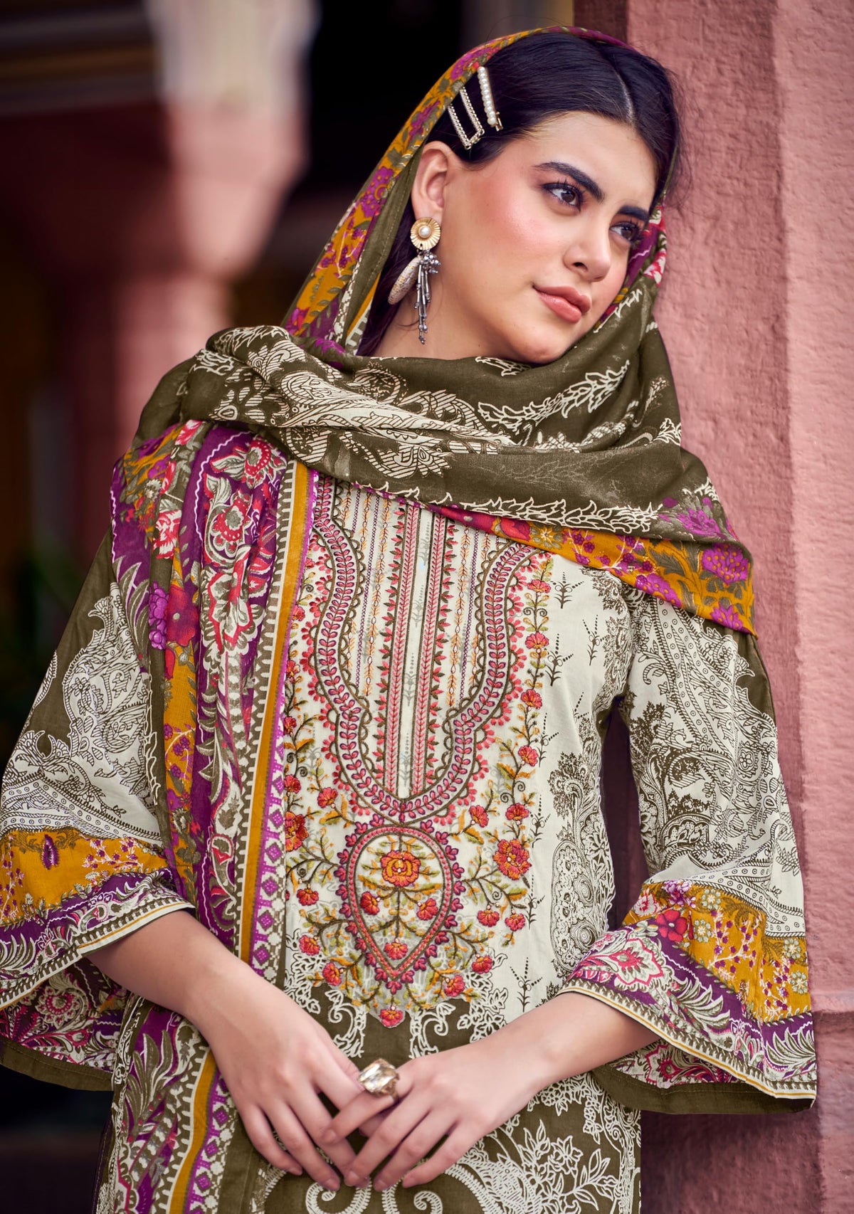 DRAVINAM Trends Women's Unstitched Salwar Suit Dress Material - Cotton Digital Printed Organza Embroidered Kameez II Unstitch Bottoms II Cotton Dupatta