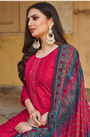 DRAVINAM Trends Women's Pure Viscose Upada Silk Sequence work Unstitched Salwar Suit Material with Pure Muslin Digital Print Sequence Dupatta (Free size_Red)