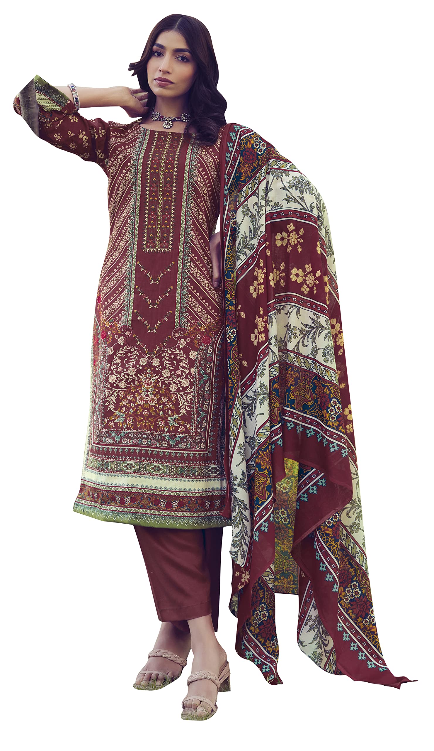DRAVINAM Trends Unstitched Pakistani Print Embroidered Cotton Salwar Suit Dress Materials with Dupatta