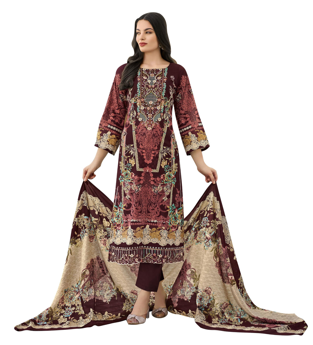 DRAVINAM Trends Women's Unstitched Salwar Suit Dress Material - Cotton Digital Printed Organza Embroidered Kameez II Solid Bottoms II Printed Dupatta