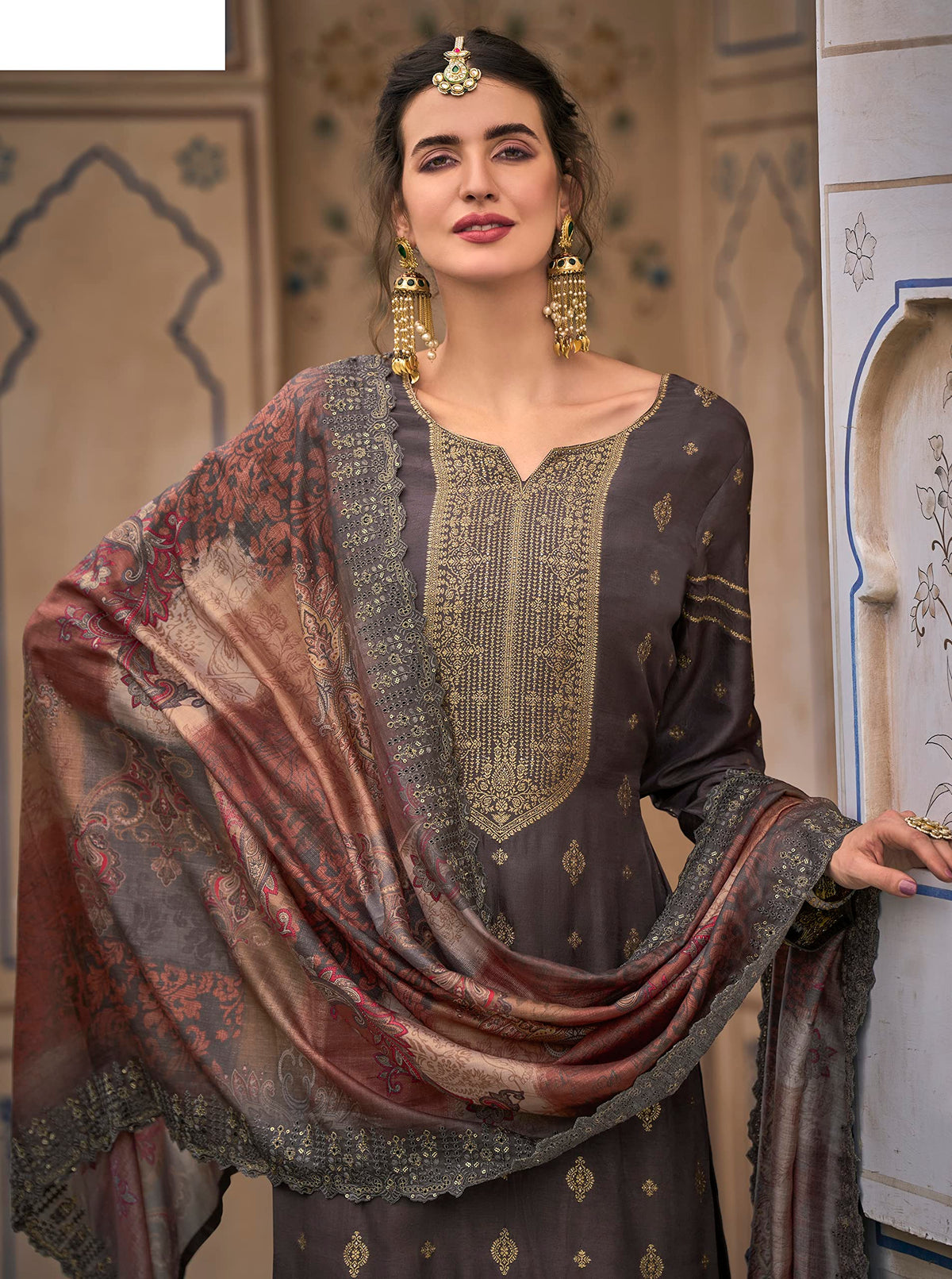 DRAVINAM Trends Women's Pure Dola Banarasi Silk Salwar Kameez Suit Dress Material with Digital Printed Embroidered Pure Viscose Heavy Silk Dupatta (
