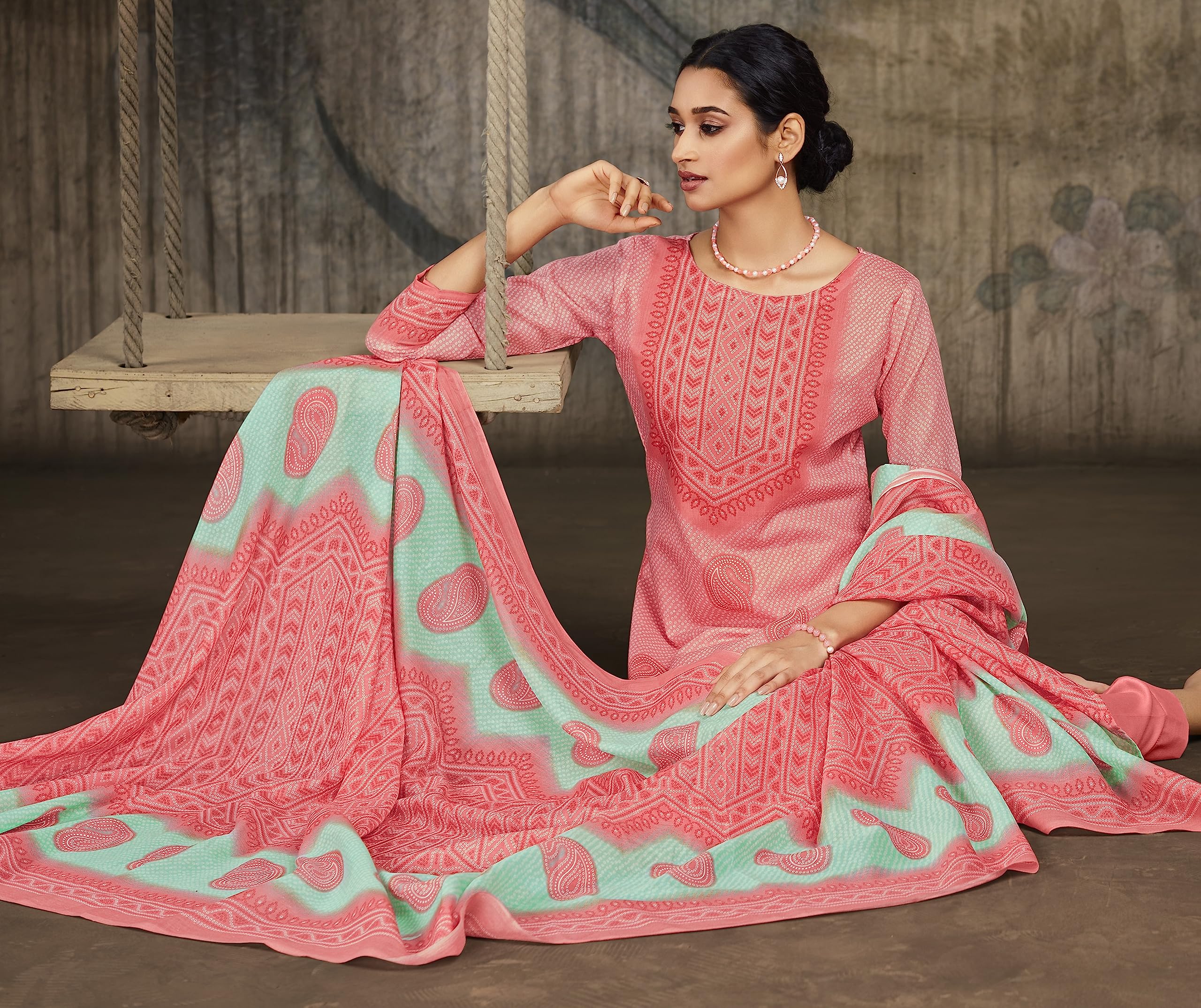 Unstitched Print Cotton Salwar Suit Dress Materials with Dupatta