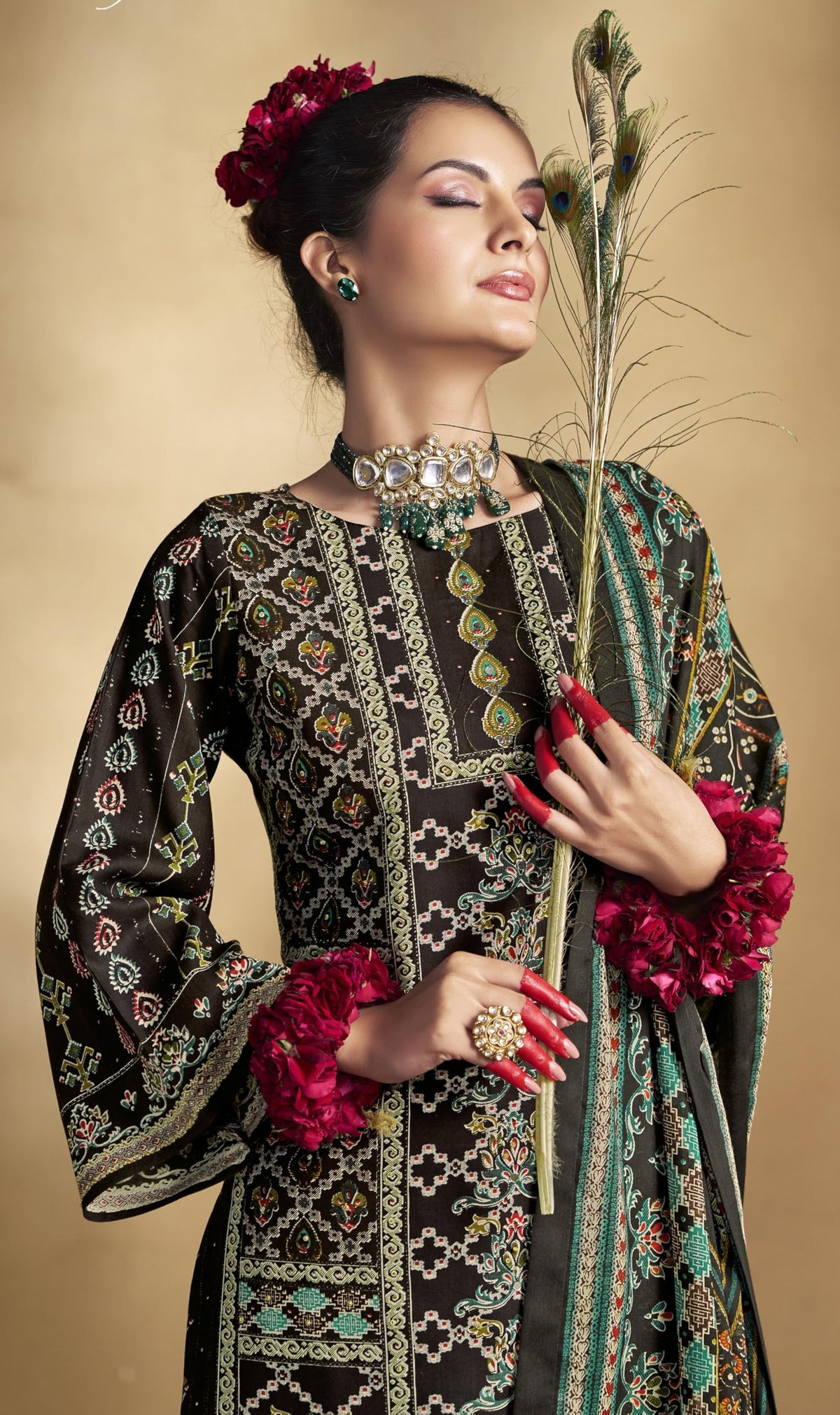 DRAVINAM Trends Women's Unstitched Rayon Salwar Suit Dress Material – Heavy Viscose Printed Top with Handwork II Pure Viscose Plain Bottom II Pure Cotton Mal Mal Printed Dupatta