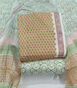 DRAVINAM Trends Hand Block Print Pure Cambric Cotton Unstitched Suit Material with Chiffon Hand Printed Dupatta