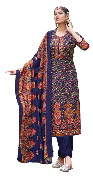 DRAVINAM Trends Women's Unstitched Kaani Print Swaroski work Woollen Pashmina Salwar Suit Dress Material with Pashmina Printed Shawl Dupatta (Free Size_Blue)