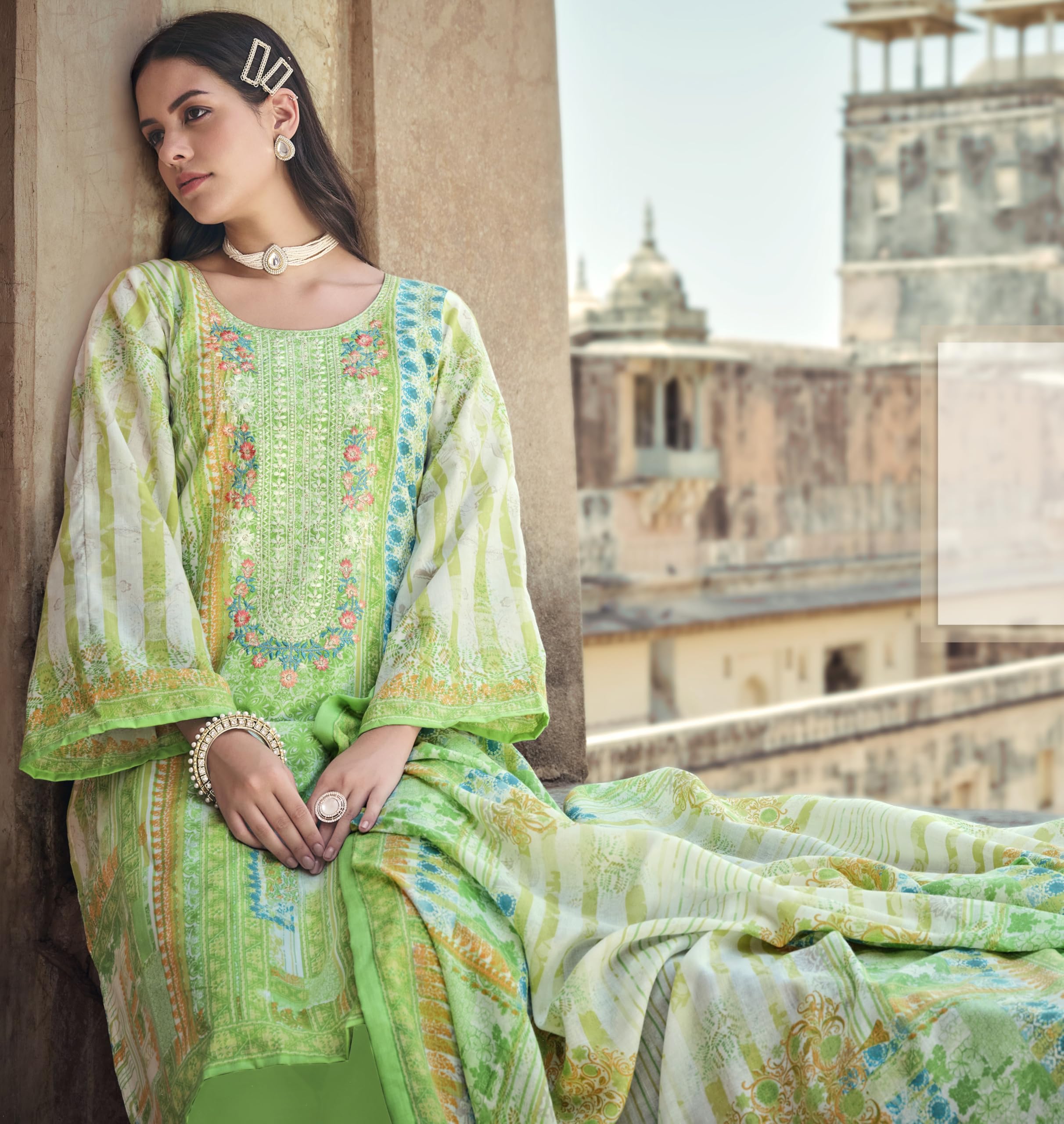 DRAVINAM Trends Women's Cotton Printed Thread Embroidery Work Unstitched Salwar Suit Dress Material With Dupatta (Grey, Unstitched Suit)
