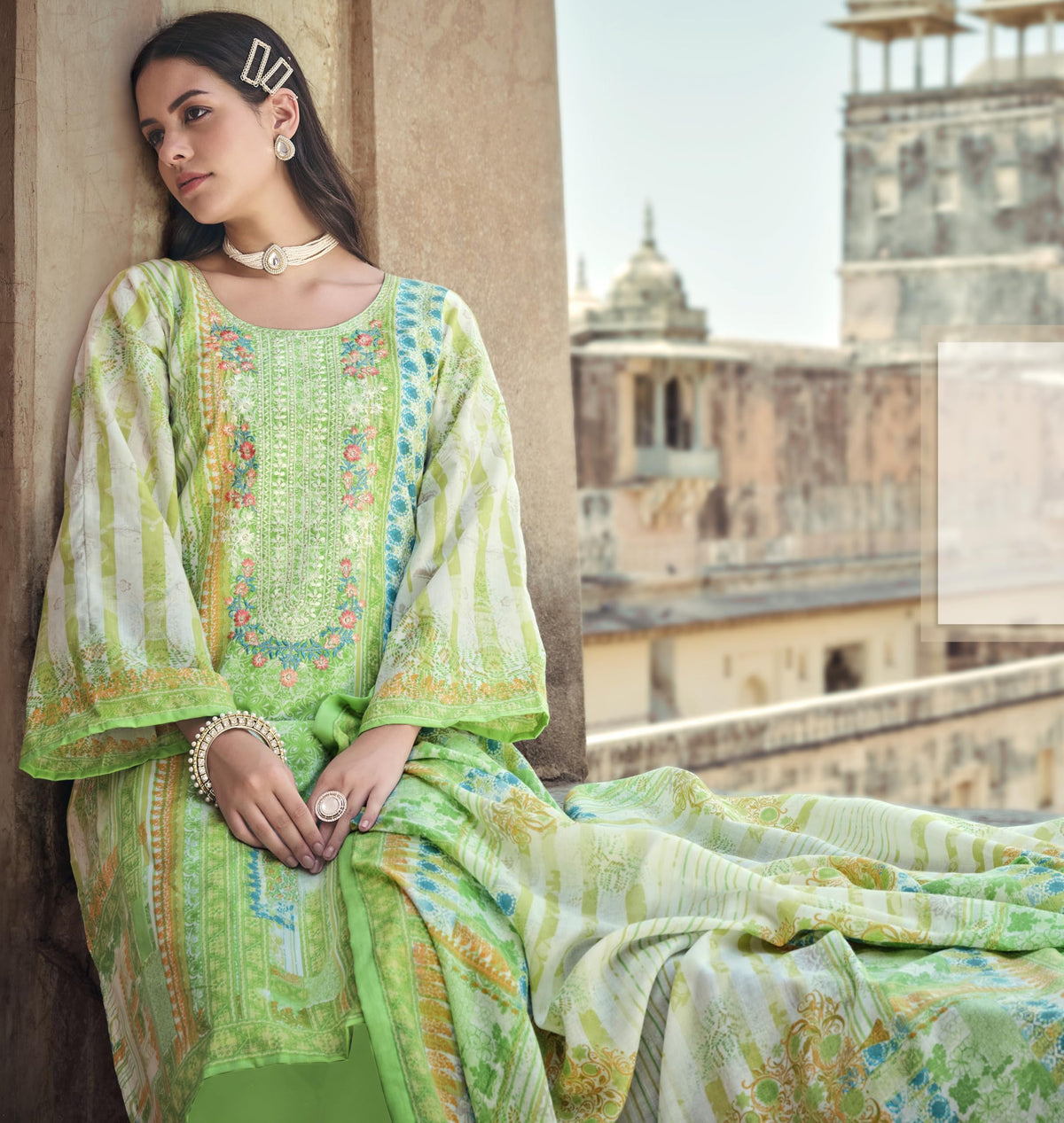 DRAVINAM Trends Kurti 2.50 mtrs, Pure Cotton Salwar (3 mtrs apx), Pure Cotton Mal Mal Print (2.30|Sand Grey