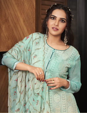 DRAVINAM Trends women’s real georgette digital printed sequence embroidered unstitched salwar Suit Dress Material with pure georgette sequence embroidered dupatta (sea green)
