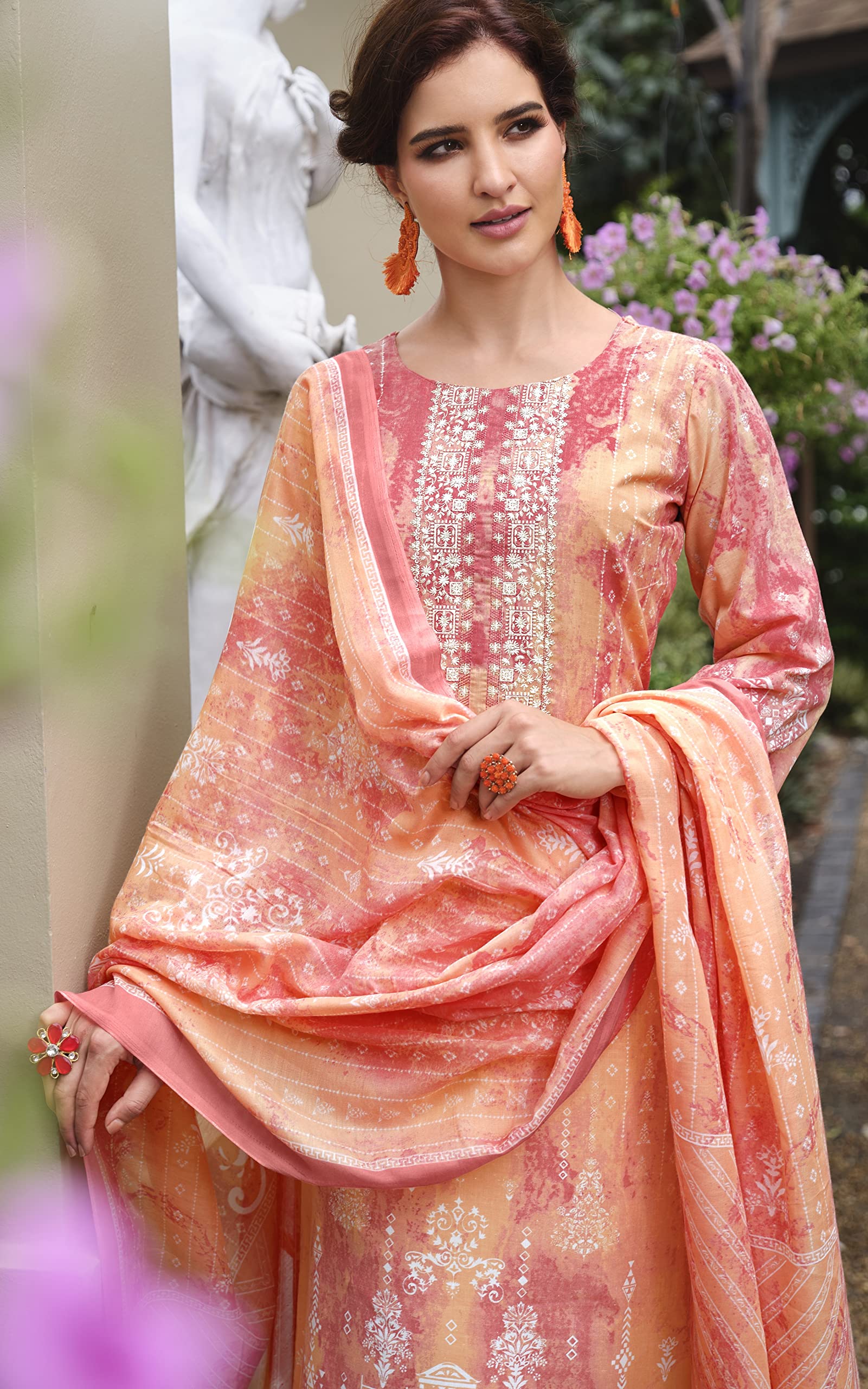 DRAVINAM Trends Unstitched Printed Embroidered Lace Work Cotton Salwar Suits Dress Material with Cotton Dupatta