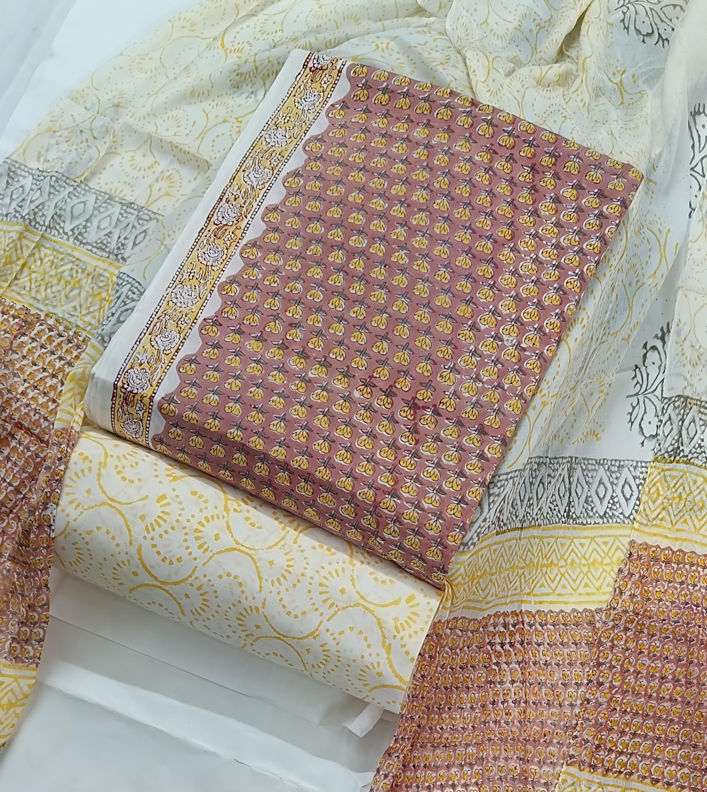 Hand Block Bagru Print Pure Cambric Cotton Unstitched Suit Material with Chiffon Hand Printed Dupatta