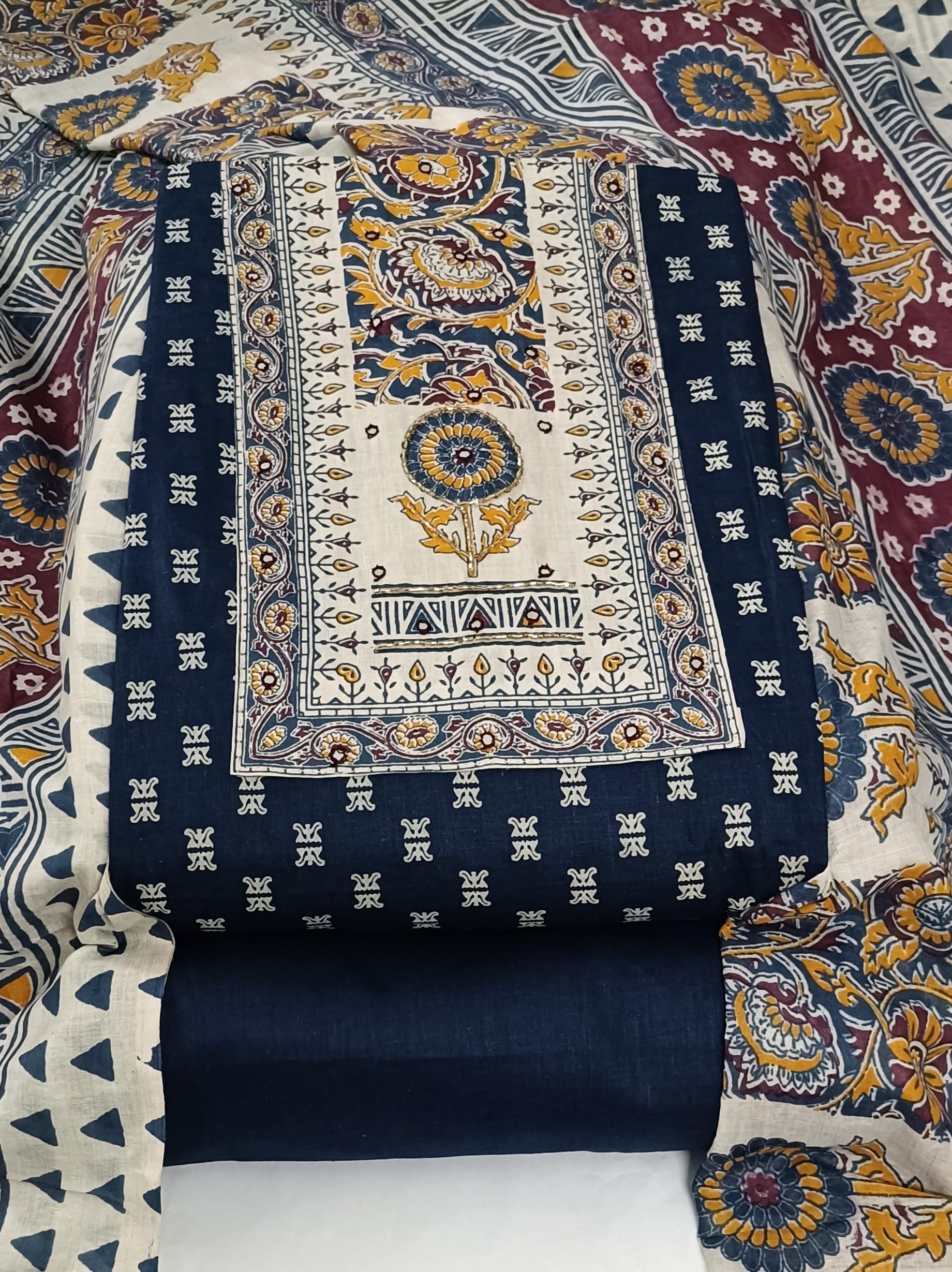 DRAVINAM Trends Women's Cambric Cotton Dress Material | Unstitch Kalamkari Printed Suit Set with Cotton Dupatta