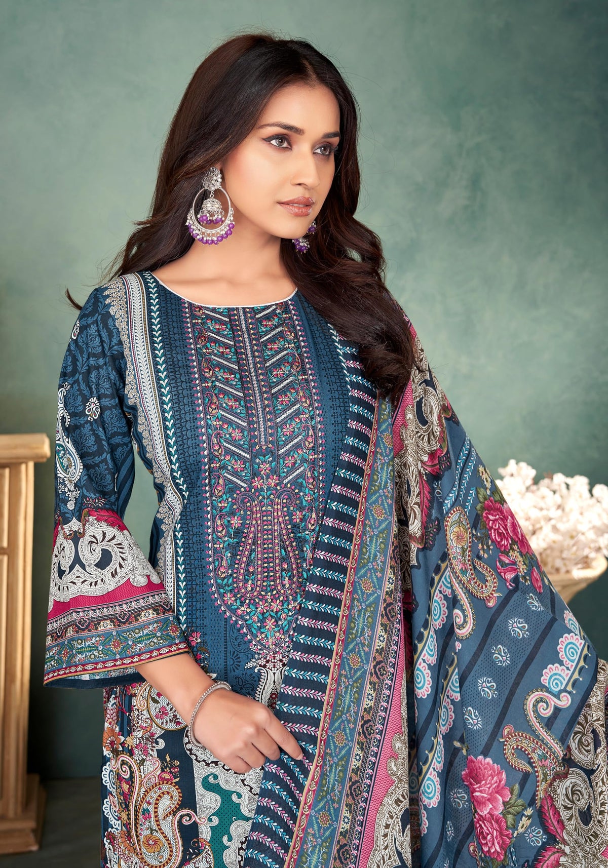 DRAVINAM Trends Lawn Cotton Pakistani Embroidered Suit Dress Material with Unstitched Bottoms and Cotton Dupatta