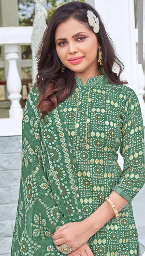 DRAVINAM Trends Women's Unstitched Slub Pure Cotton Printed Salwar Suit Dress Material with Nazneen Chiffon Dupatta (Green)