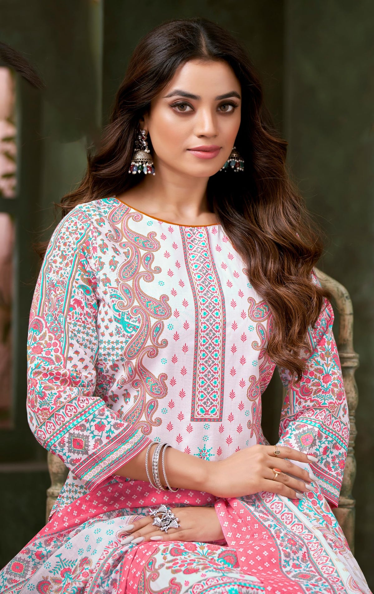 DRAVINAM Trends Pure Cotton Printed Dress Material Salwar Siroski Work Suit with Unstitched Bottoms and Cotton Dupatta