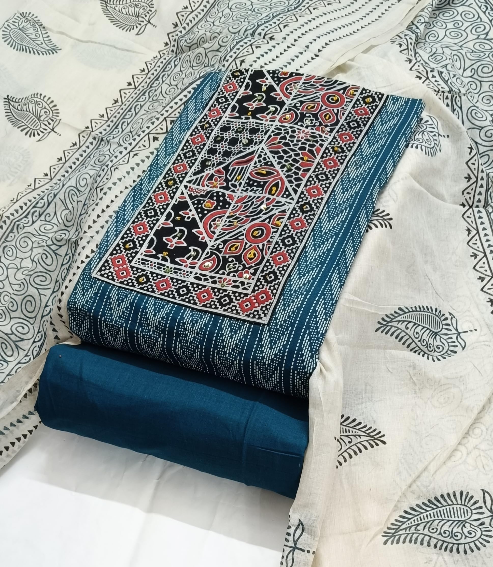 DRAVINAM Trends Women's Cambric Cotton Dress Material | Unstitch Kalamkari Printed Suit Set with Cotton Dupatta