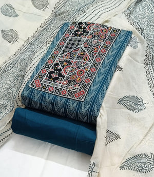 DRAVINAM Trends Women's Cambric Cotton Dress Material | Unstitch Kalamkari Printed Suit Set with Cotton Dupatta