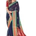 DRAVINAM Trends Women's Weaving Jacquard Border Jute Cotton Saree with Kalamkari Embroidery and Blouse Piece - Blue