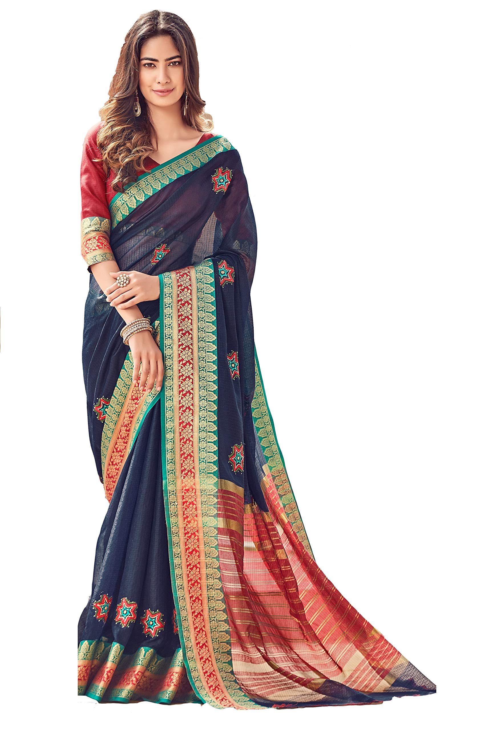 DRAVINAM Trends Women's Weaving Jacquard Border Jute Cotton Saree with Kalamkari Embroidery and Blouse Piece - Blue