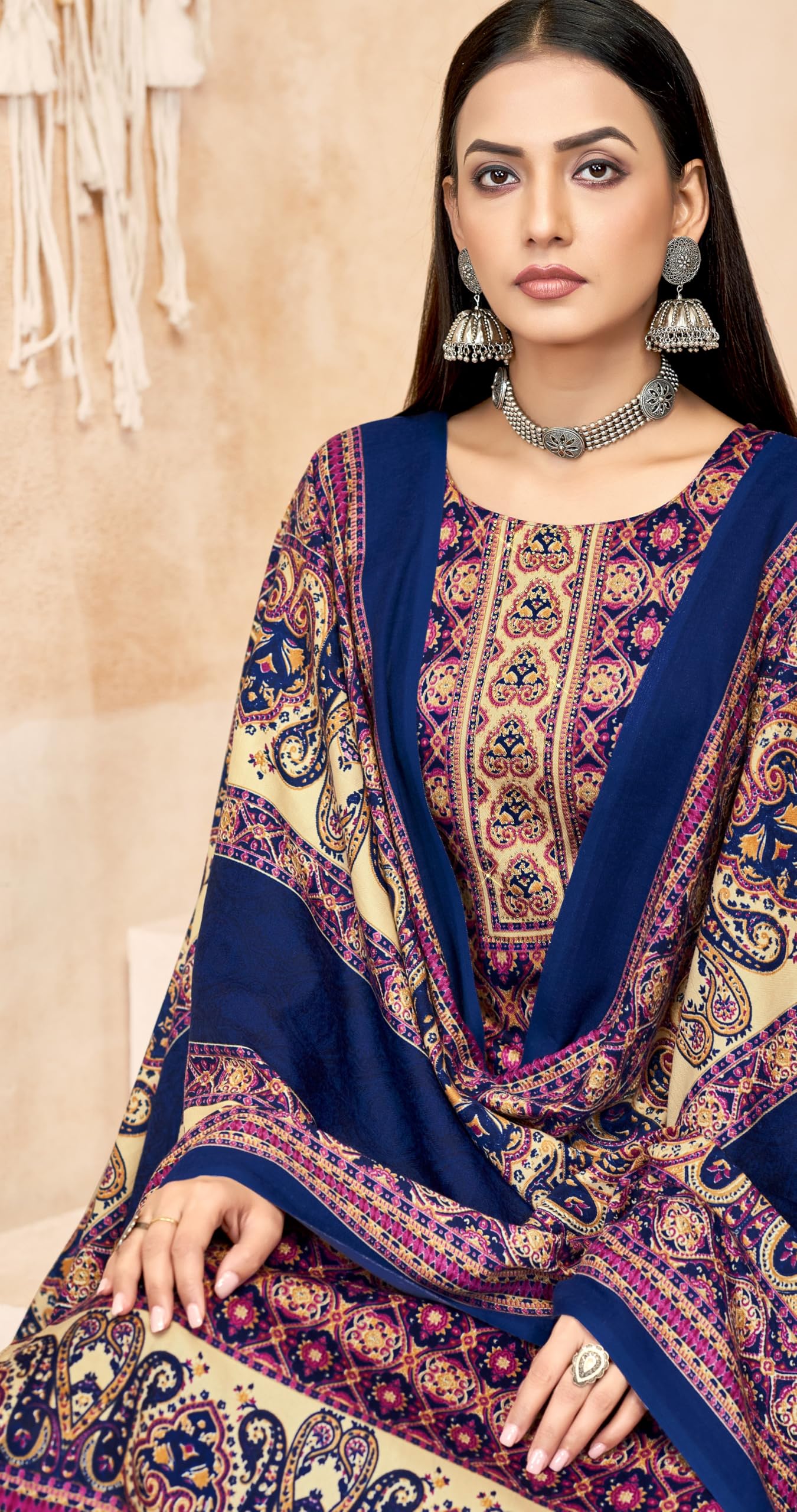 DRAVINAM Trends Women's Printed Woolen Pashmina Unstitch Salwar Suit Dress Material with Printed Woolen Warm Shawl Dupatta