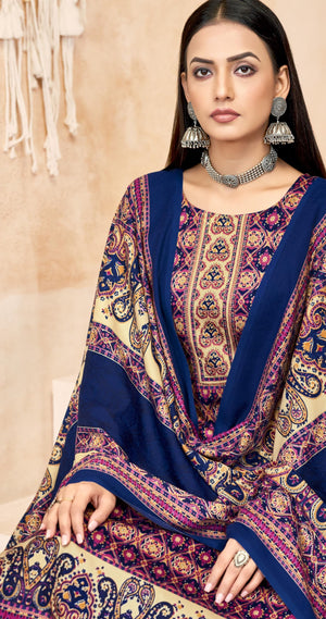 DRAVINAM Trends Women's Printed Woolen Pashmina Unstitch Salwar Suit Dress Material with Printed Woolen Warm Shawl Dupatta