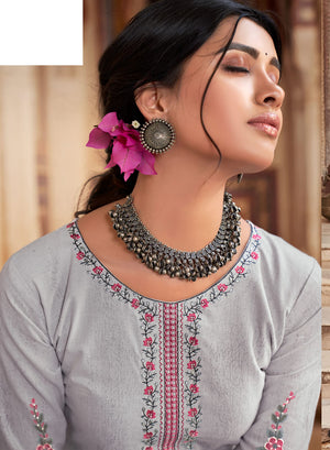 DRAVINAM Trends Women's Printed Embroidered Unstitched Pure Cotton Salwar Suit Material with Pure Nazneen Chiffon Chunni (Grey)