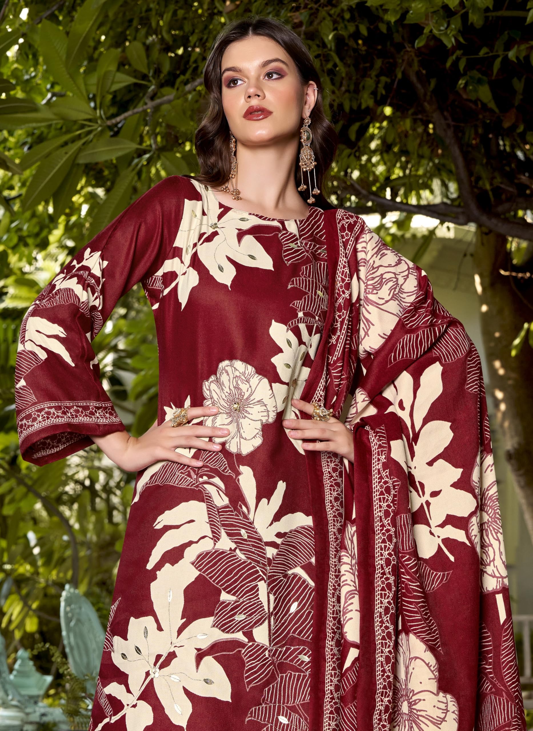 DRAVINAM Trends Women's winter wear unstitched hand work Woollen Pashmina Suit Dress Material with Pashmina Printed Shawl Dupatta
