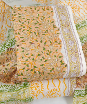 DRAVINAM Trends Hand Block Print Sanganeri Cambric Unstitched Cotton Suit Dress Material for Women with Mulmul Cotton Hand Printed Dupatta