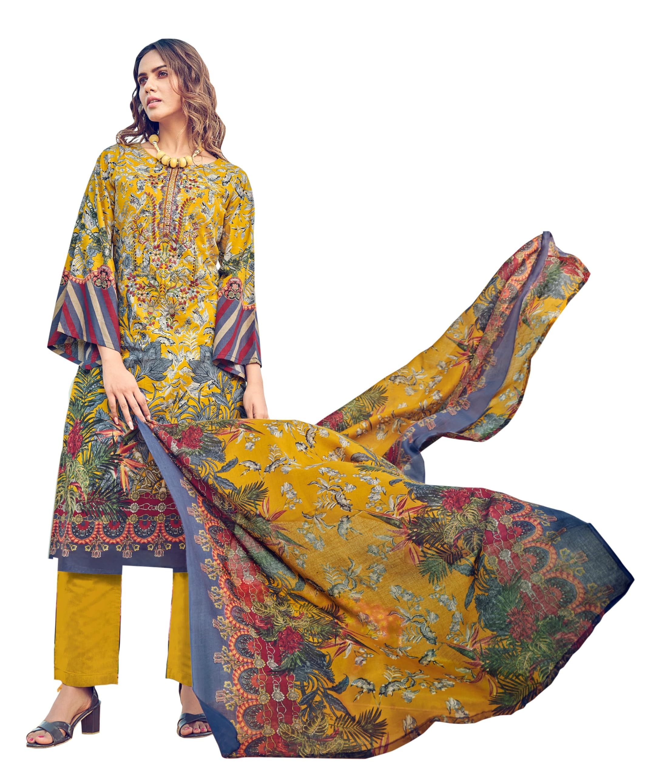 DRAVINAM Trends Women's Unstitched Premium Cotton Suit Material - Soft Digital Printed Embroidered Kameez II Matching Bottoms II Malmal Printed Dupatta