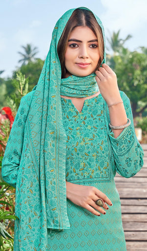 DRAVINAM Trends Women's Winter Wear Kashmiri Kani Printed Warm Wool Pashmina Salwar Kameez Dress Material with Siroski Work and Pashmina Printed Shawl Dupatta (Green)