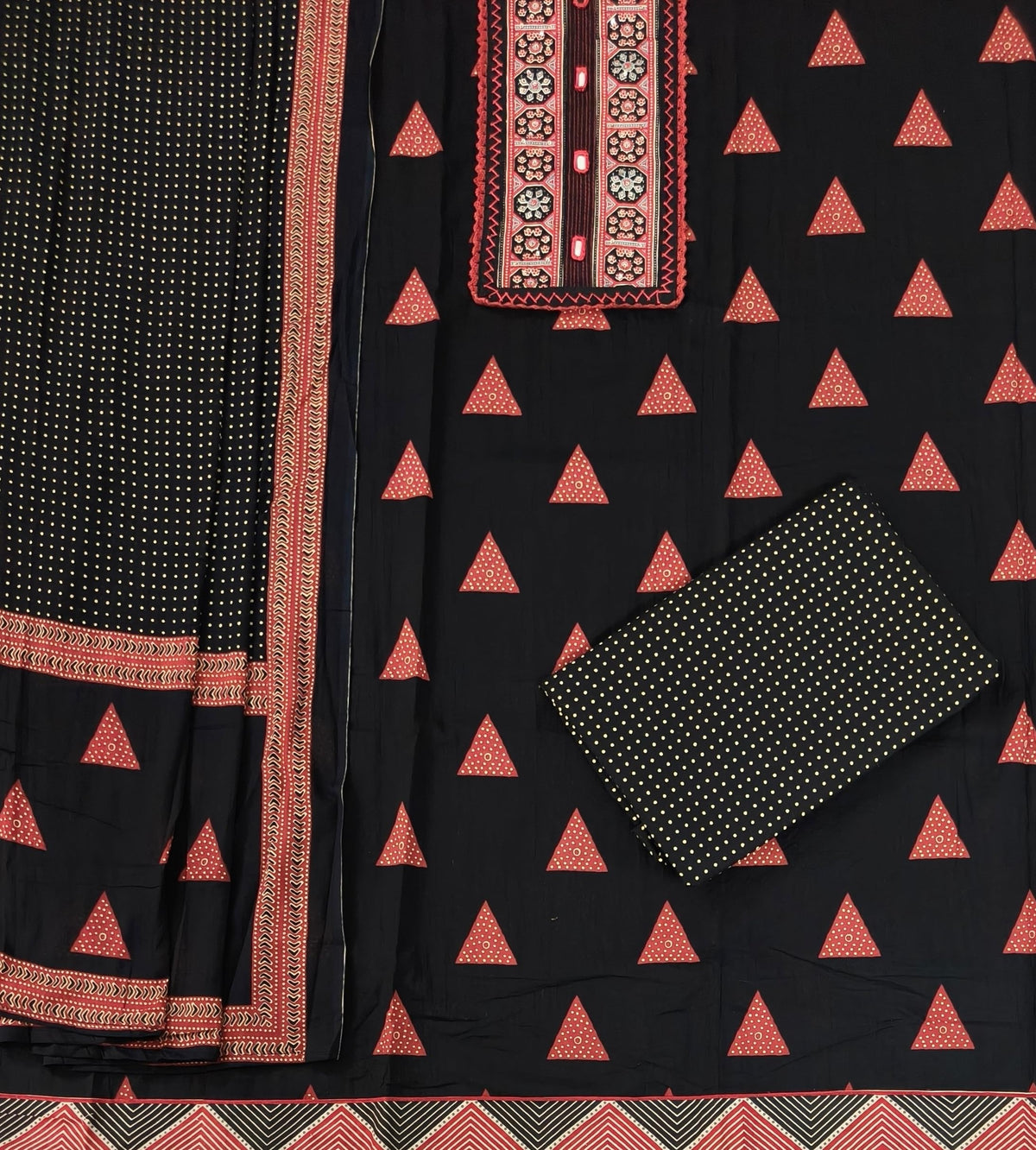 DRAVINAM Trends Women's Pure Cotton Geometric Handblock Printed Unstitched Salwar Suit Dress Material with Mirror Work Neck & Mulmul Dupatta (Black)