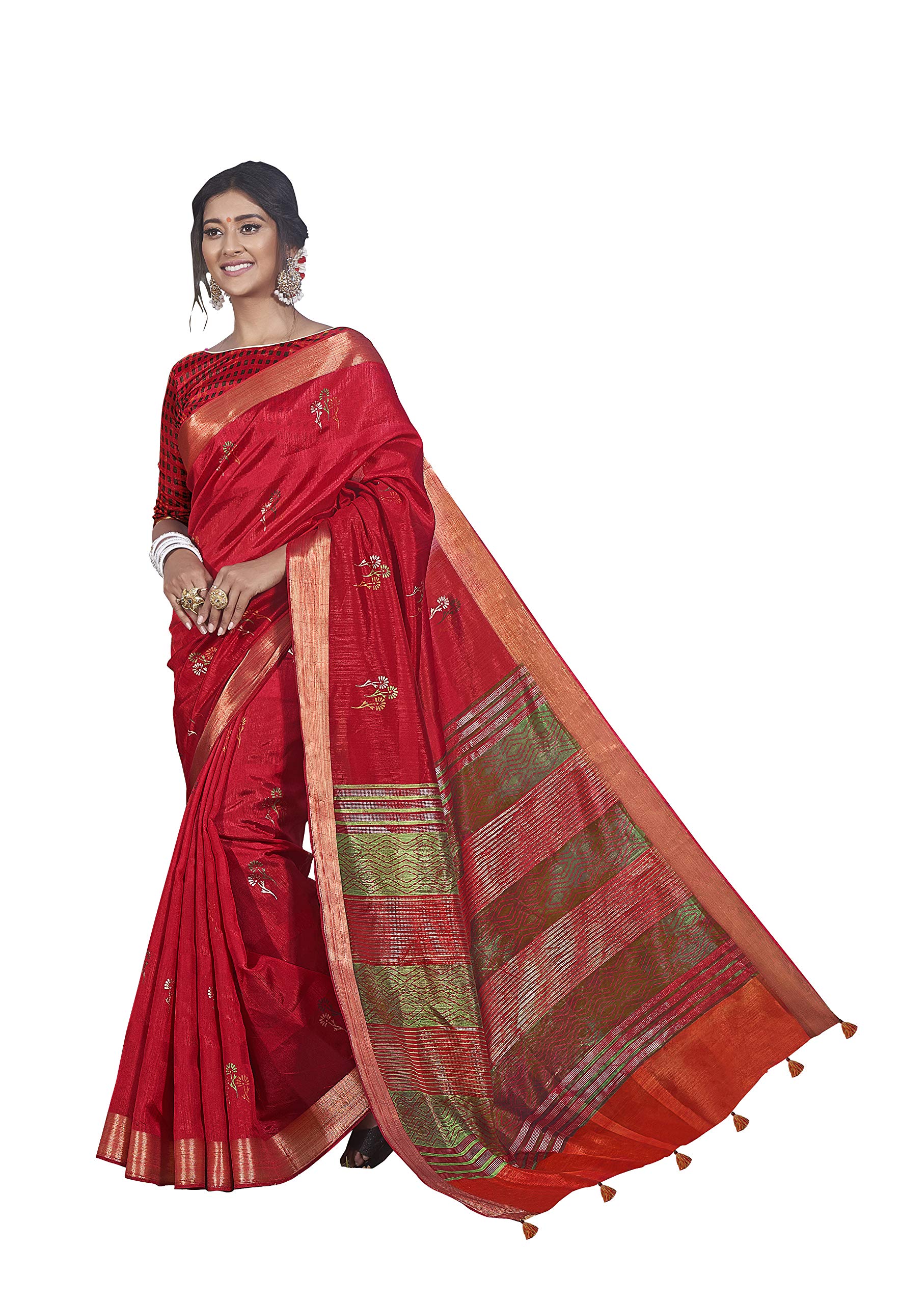 DRAVINAM Trends Women's Foil Printed Thin Cotton saree with Golden Border and Tassels and Blouse Piece (Deep Red)