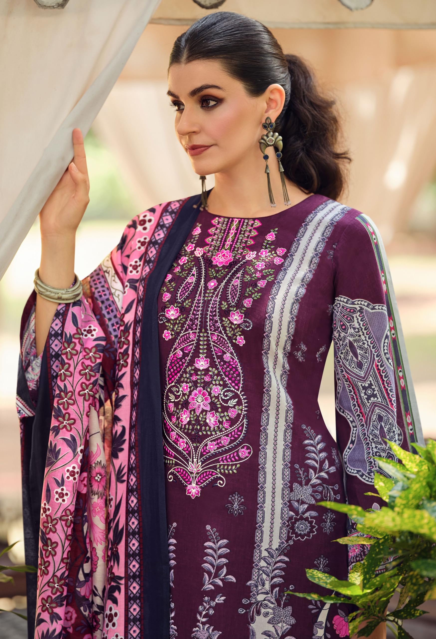 DRAVINAM Trends Lawn Cotton Pakistani Embroidered Suit Dress Material with Unstitched Bottoms and Cotton Dupatta