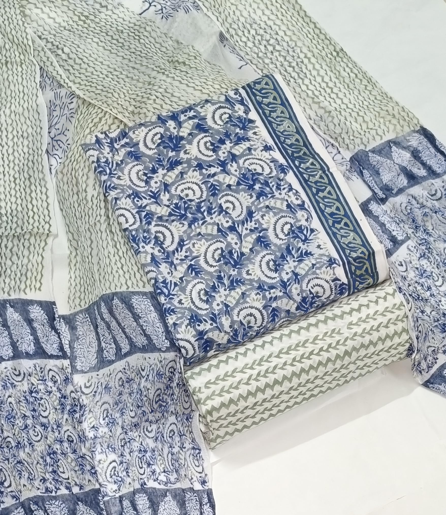 DRAVINAM Trends Hand Block Print Pure Cambric Cotton Unstitched Suit Material with Chiffon Hand Printed Dupatta