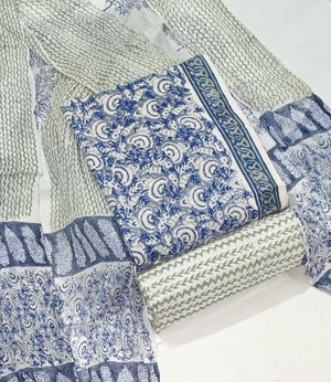DRAVINAM Trends Hand Block Print Pure Cambric Cotton Unstitched Suit Material with Chiffon Hand Printed Dupatta