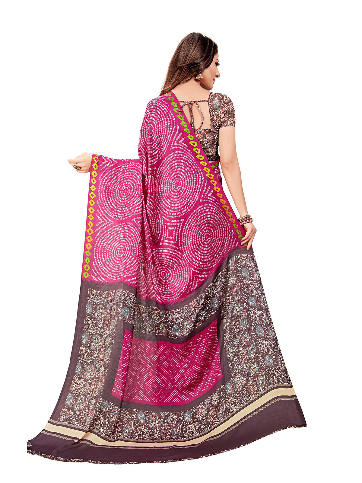 DRAVINAM Trends Women's Soft Printed Mul Mul Satin Saree with Blouse Piece (Stn_8, Pink)