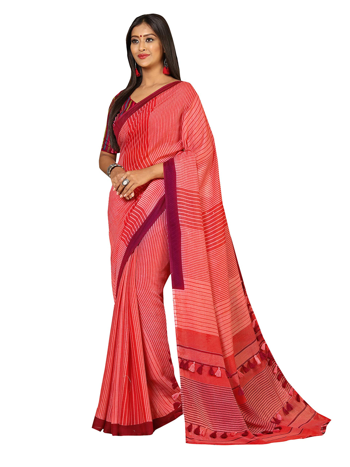 DRAVINAM Trends Women's Khadi Linen Saree With Blouse Piece (SareePN_1_Peach Pink)