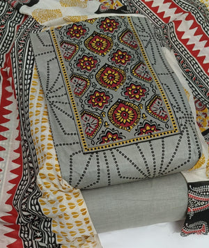 DRAVINAM Trends Women's Cambric Cotton Dress Material | Unstitch Kalamkari Printed Suit Set with Cotton Dupatta