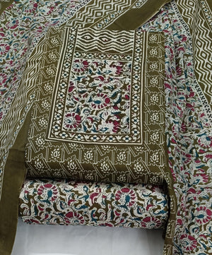 DRAVINAM Trends Women's Cambric Cotton Dress Material | Unstitch Kalamkari Printed Suit Set with Cotton Dupatta