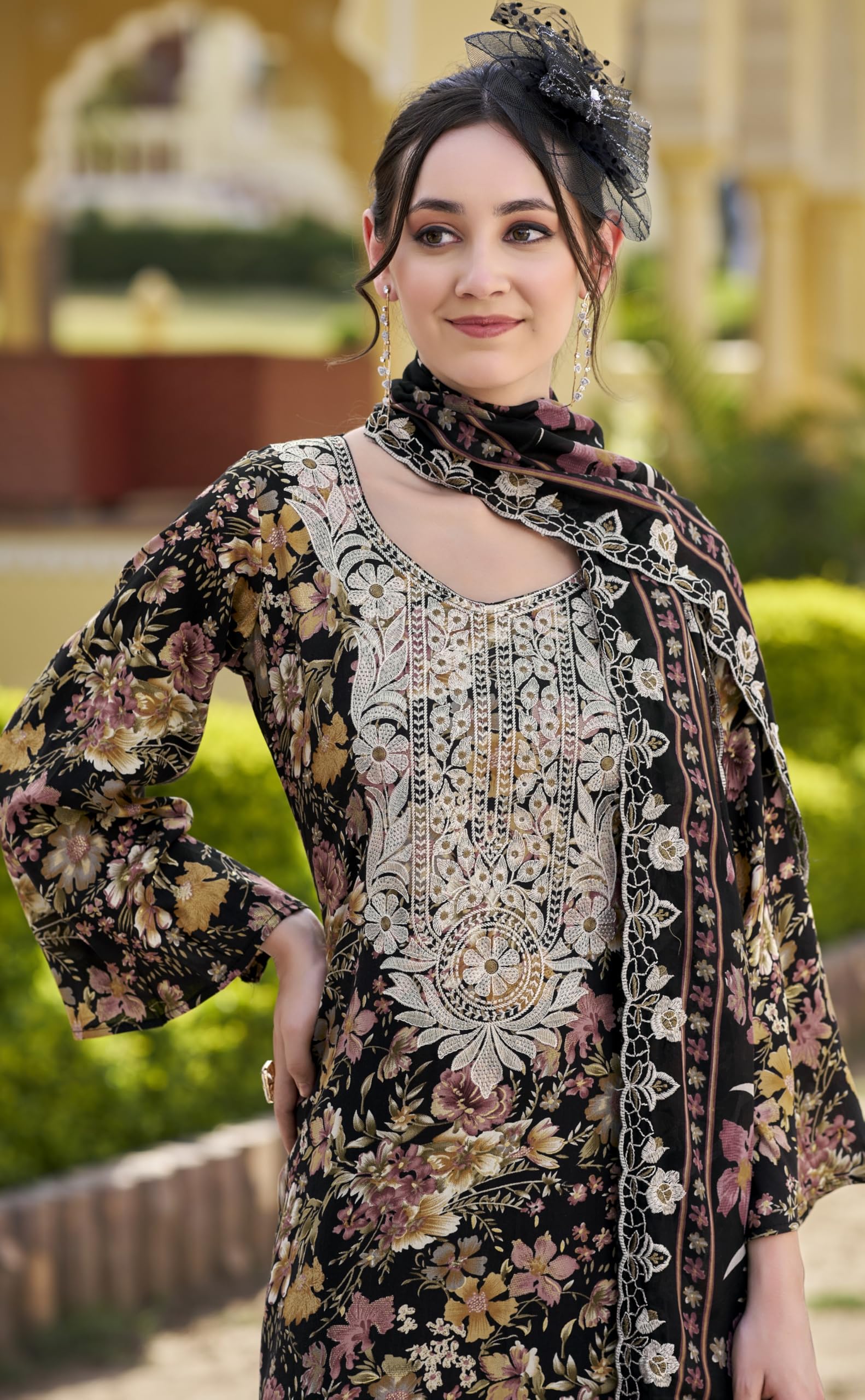 DRAVINAM Trends Pure Viscose Rayon Digital Printed Fancy Embroidered Organza Lace Suit Dress Material with Unstitched Bottoms and Cotton Cutwork Embroidered Dupatta