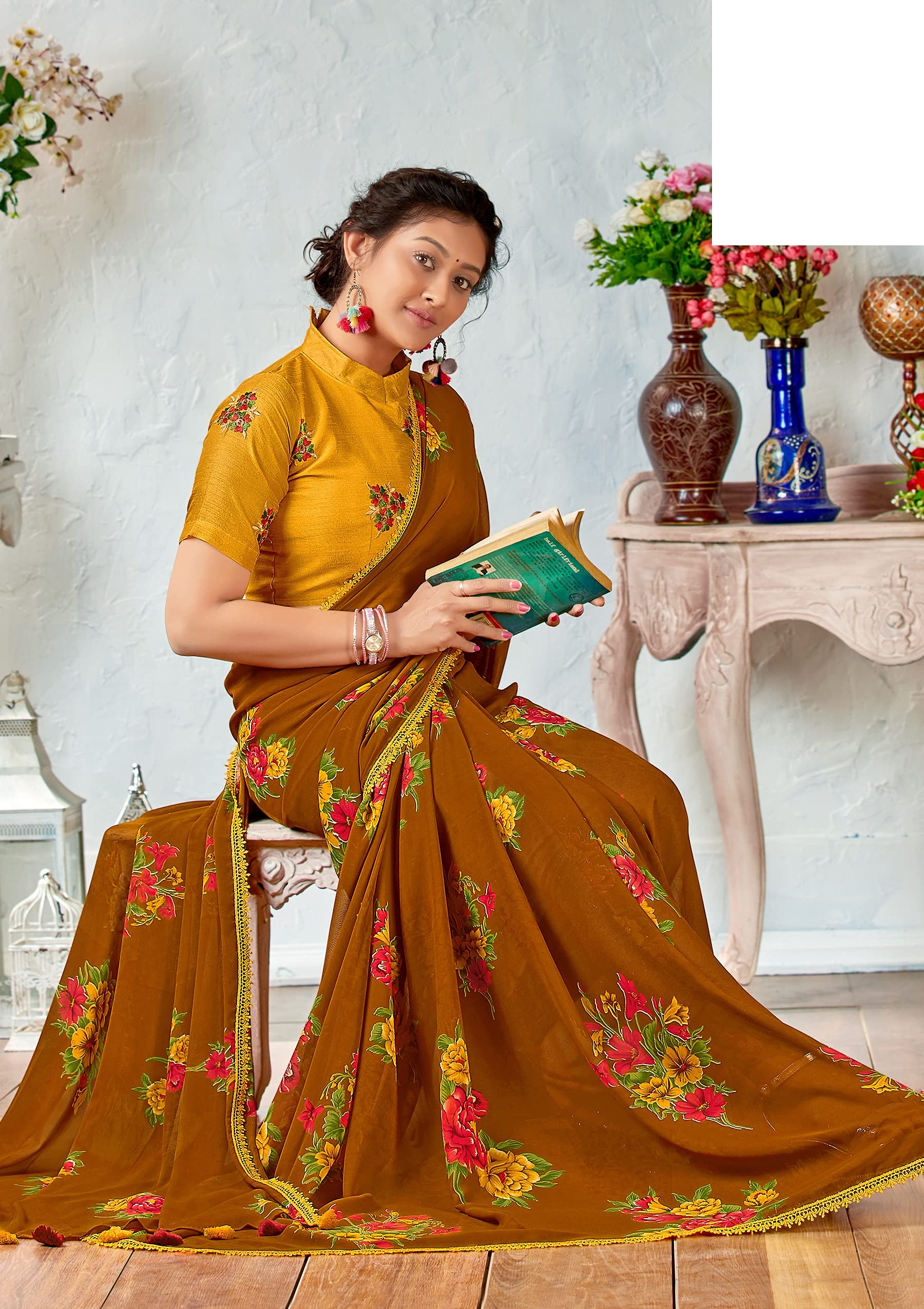 DRAVINAM Trends Women's Pure georgette Bandhani Print saree with Lace Borders and Solid Blouse Piece (Black)
