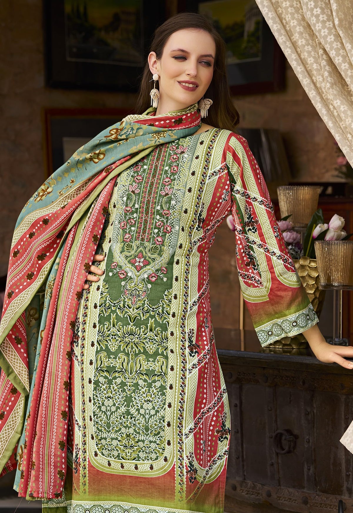 DRAVINAM Trends Unstitched Pakistani Embroidered Pure Cotton Salwar Suit Dress Materials with Cotton Dupatta