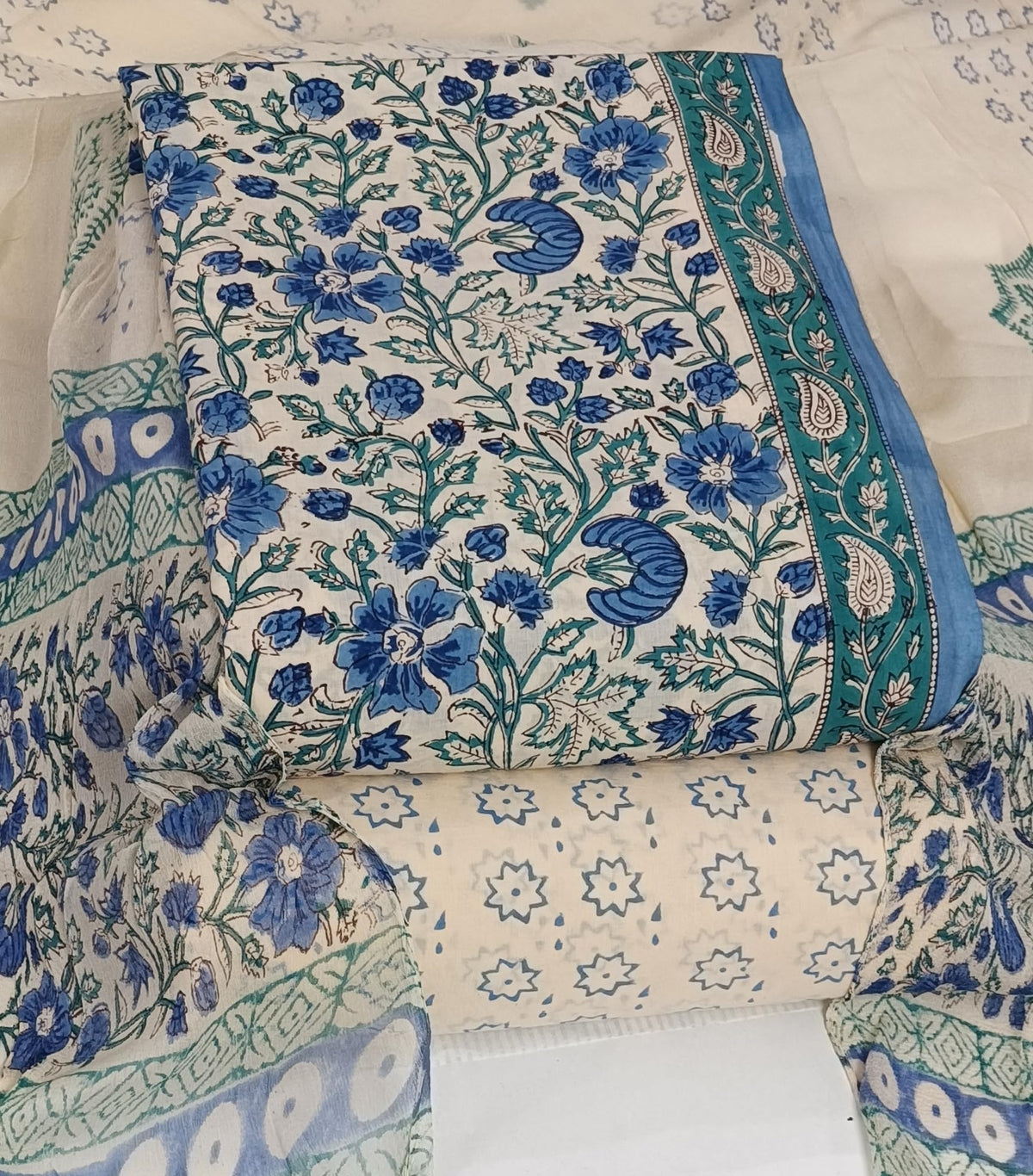 DRAVINAM Trends Hand Block Print Cambric Cotton Unstitched Salwar Suit Set for Women with Pure Chiffon Hand Printed Dupatta