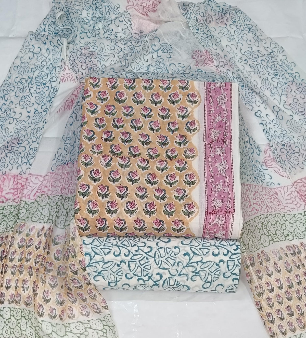 DRAVINAM Trends Hand Block Print Cambric Cotton Unstitched Salwar Suit Set for Women with Pure Chiffon Hand Printed Dupatta