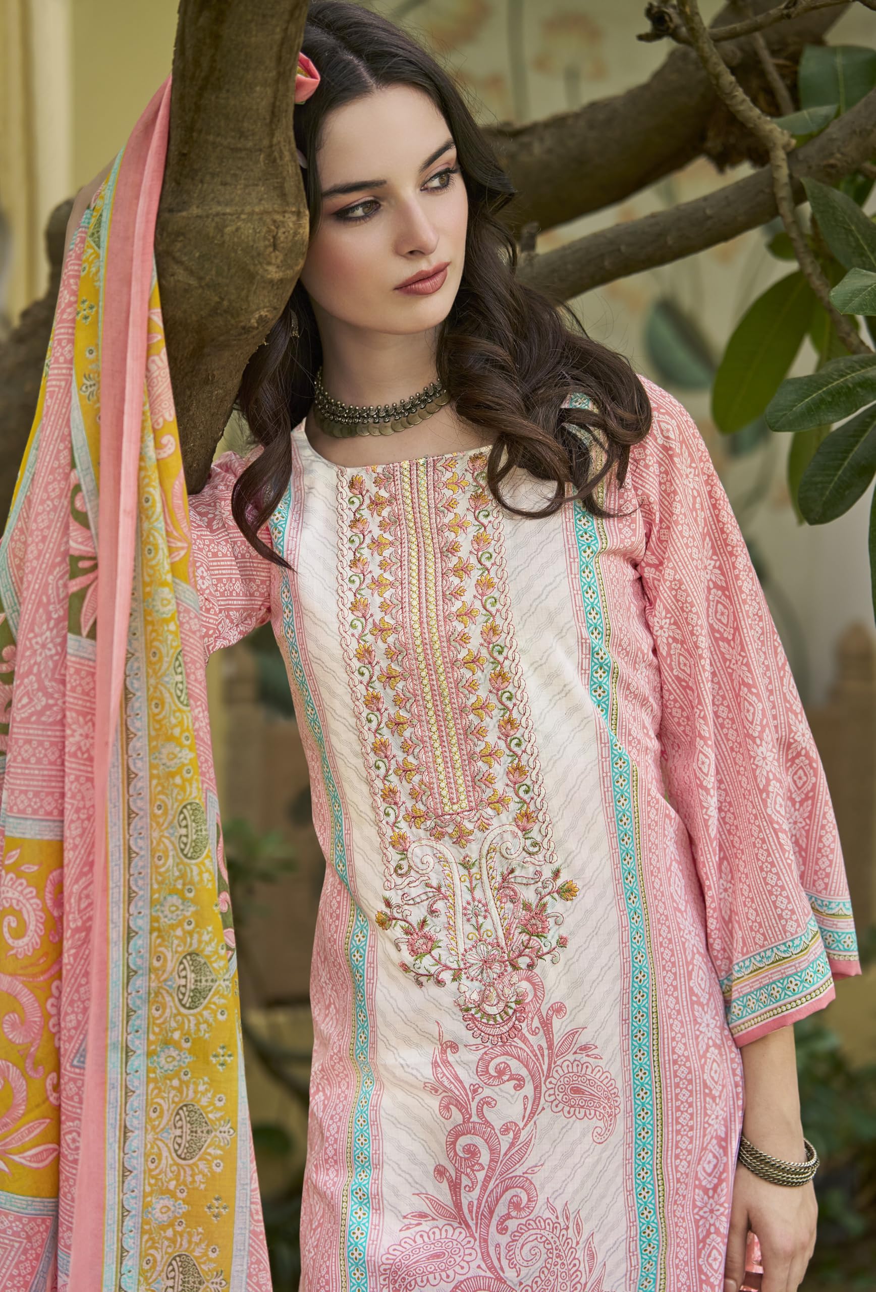 DRAVINAM Trends Kurti 2.50 mtrs, Pure Cotton Salwar (3 mtrs apx), Pure Cotton Mal Mal Print (2.30|Light Brown 1