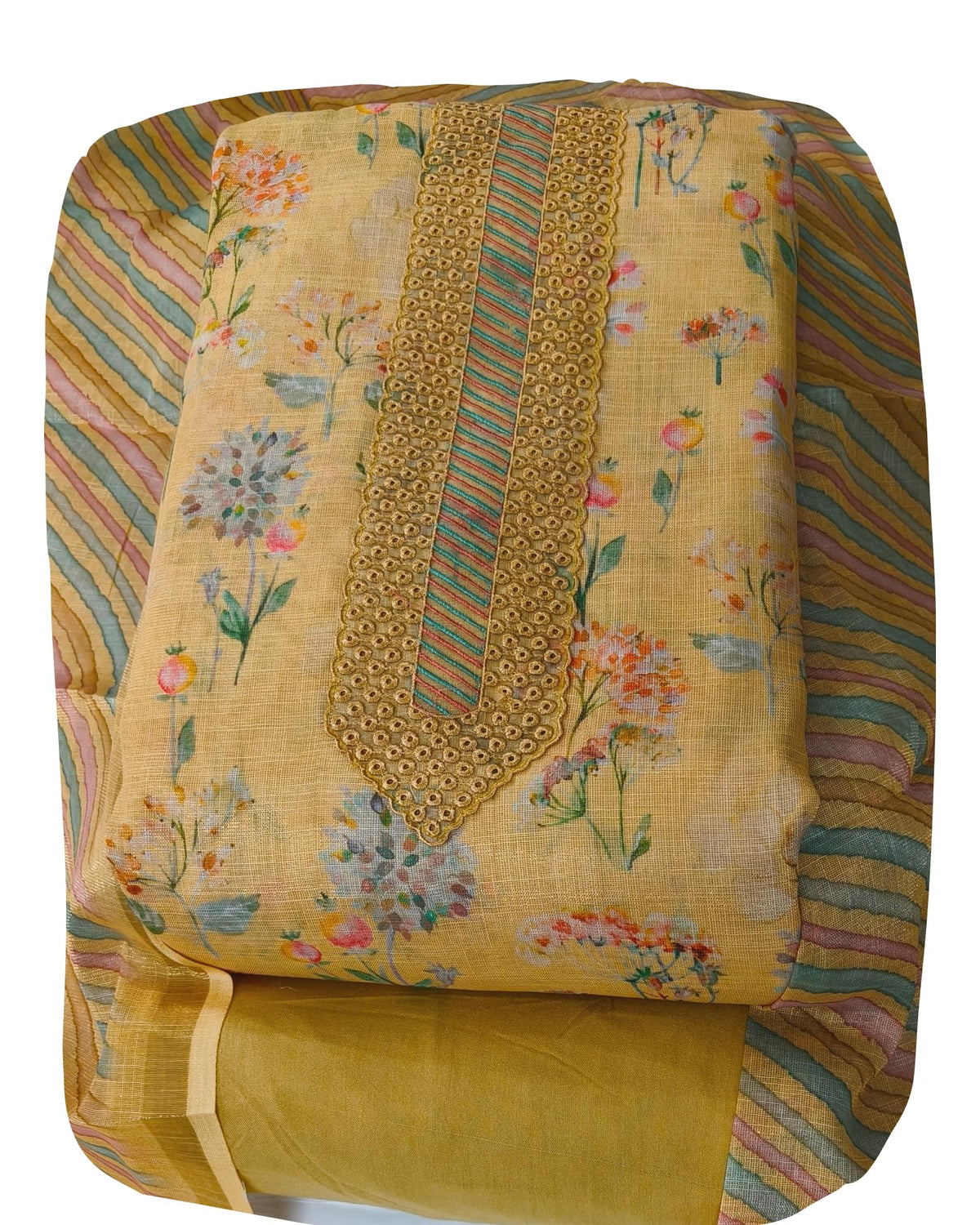 DRAVINAM Trends Women's Tissue Silk Embroidered Unstitched Suit Set with Shantoon Bottom & Dupatta